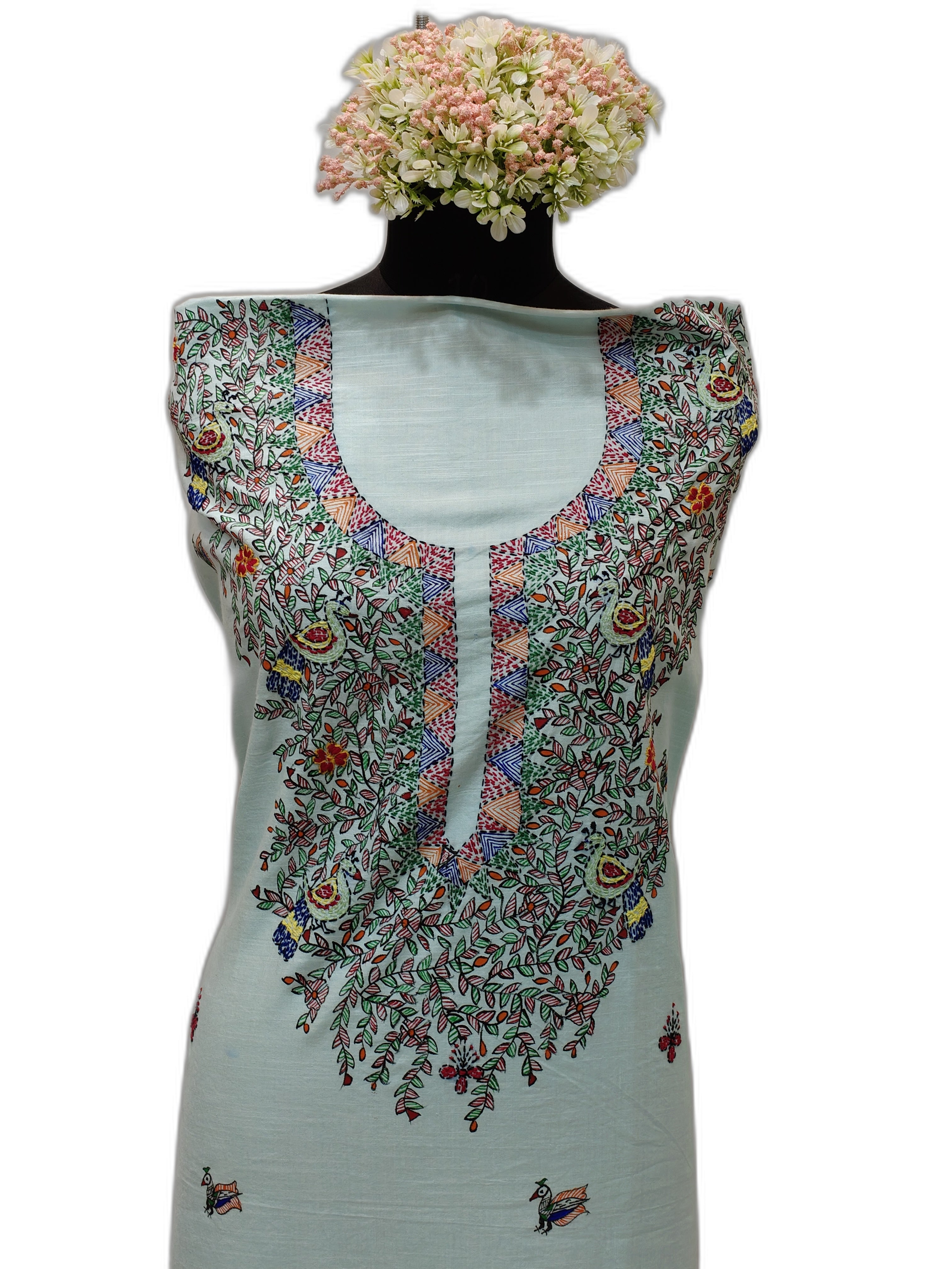 Hand painted Madhubani with Sujani Unstitched Suit Set on Cotton in Light Turquoise